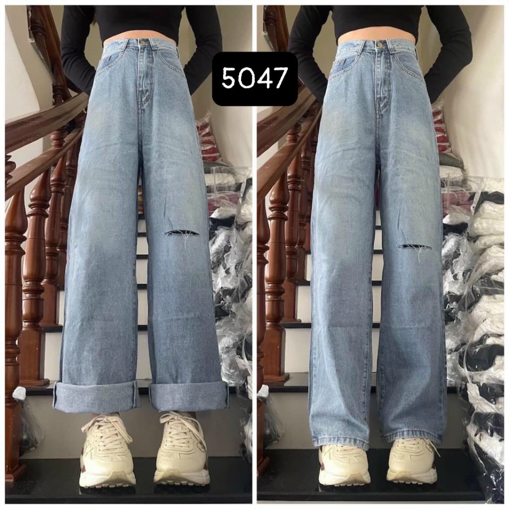 QUẦN JEAN ỐNG RỘNG NỮ LƯNG CAO RÁCH ĐÙI TRÁI LAI CUỐN FORM DÀI RỘNG MÀU XANH NHẠT LAI CUỐN SIÊU TÔN DÁNG CỰC ĐẲNG CẤP