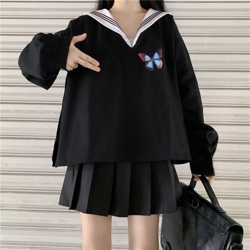 Set áo hoodie tay dài dáng rộng + chân váy đồng phục JK phong cách thời trang