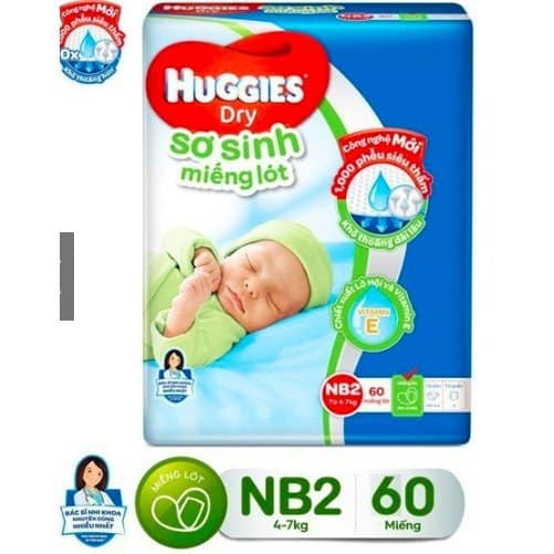 Miếng Lót Sơ Sinh Huggies NB2 40/60 Miếng Dành Cho Bé Từ 4 - 7kg Siêu mềm Thấm Hút An Toàn Cho Bé.