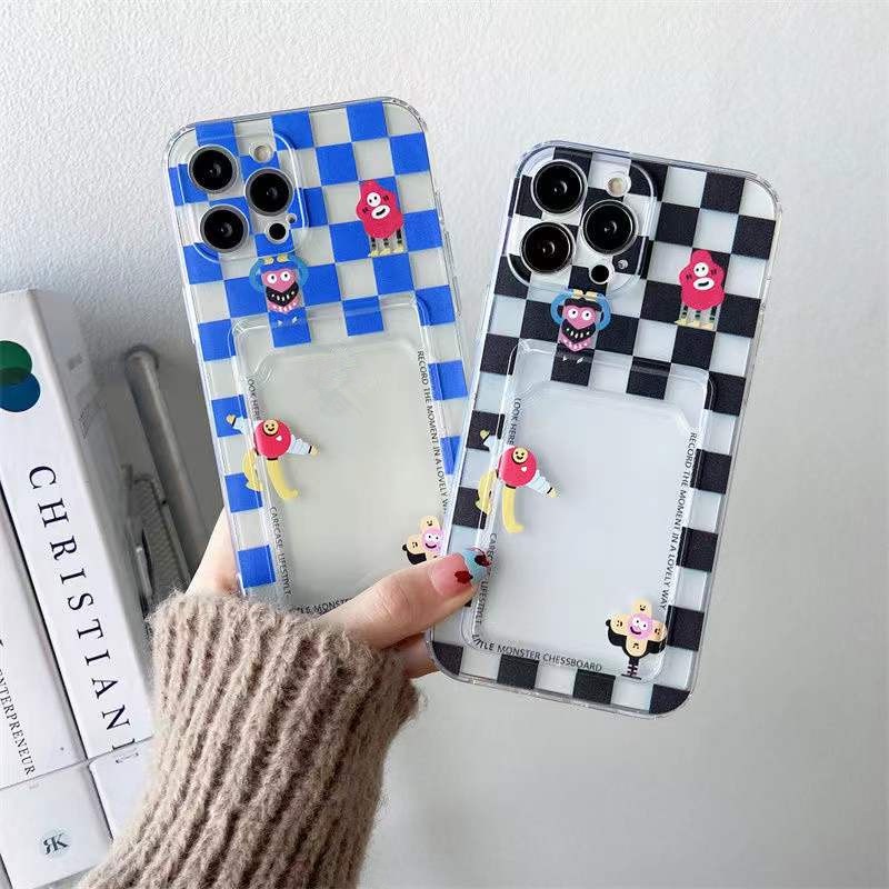 Ốp Điện Thoại Dẻo Trong Suốt Họa Tiết Bàn Cờ Kèm Ngăn Đựng Thẻ Cho iPhone 13 11 12 Pro Max X XS XR 7 8 Plus SE 2020