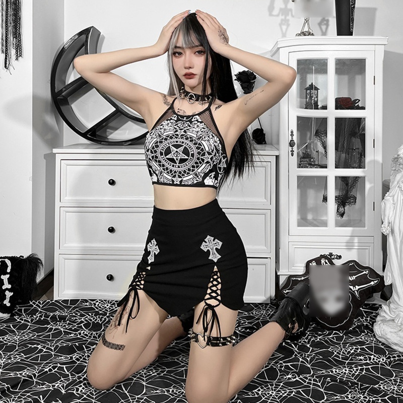 XIXI Chân Váy Lưng Cao Thiết Kế Đan Dây Chéo Phong Cách Gothic Cổ Điển Quyến Rũ