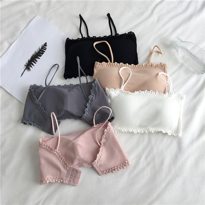 Áo bra 2 dây cotton tăm mịn viền ren cài sau có điều chỉnh