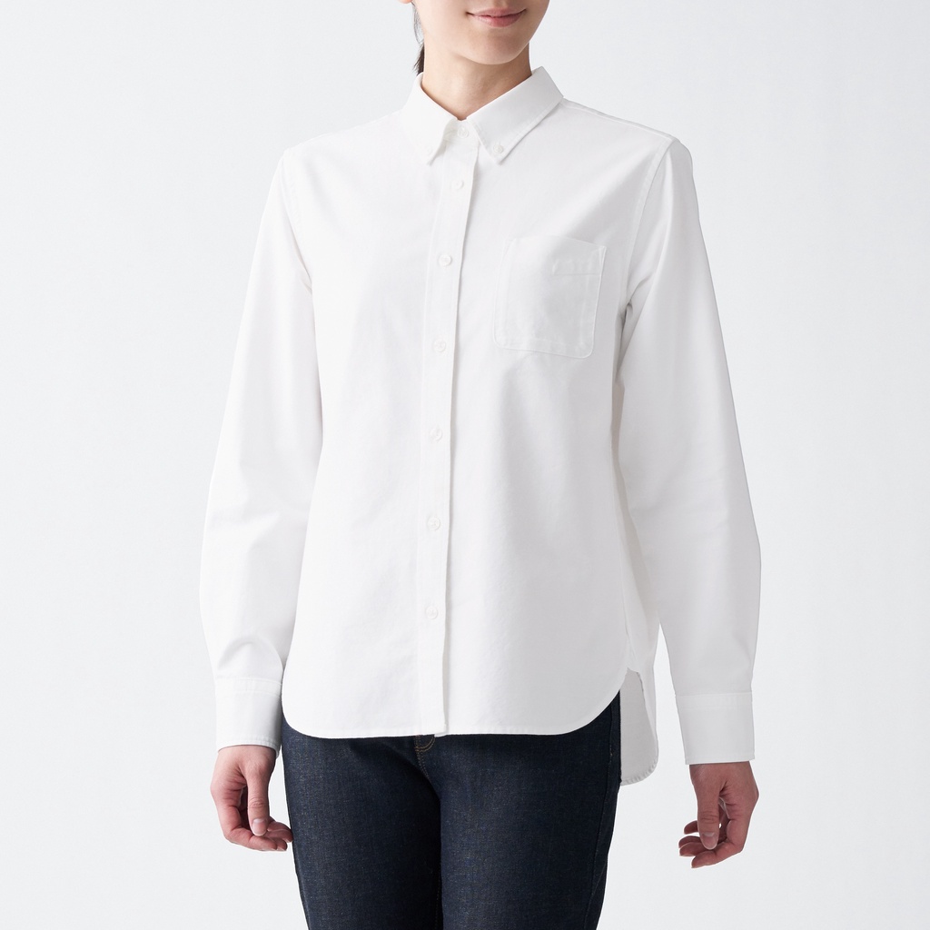 Muji Áo Sơ Mi Vải Oxford Washed Cổ Cài Nút