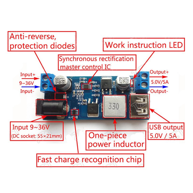DC-DC 24V / 12V đến 5V 5A Bước xuống Nguồn điện Buck Bộ chuyển đổi USB Mô-đun sạc bước xuống USB