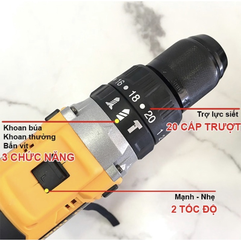 Máy Khoan Pin DeWal Không Chổi Than Đầu 13mm Autolock 3 chức năng Có Búa