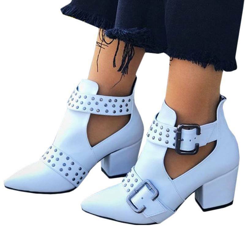 Womens Cut Out Chelsea Ankle Boots Pointed Teo Buckle Block Low Heel Rivet