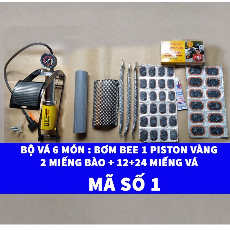 [Bơm Chân BEE Vàng 1 Piston ] Bộ 6 Món Vá Ruột Xe Máy &amp; Xe Đạp Có Bơm Chân Tốt + 2 Miếng Bào Ruột