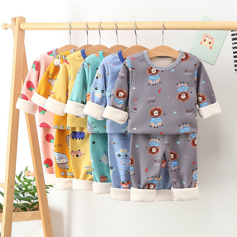 Bộ nỉ lông dài tay mùa đông họa tiết nhiều hình cho bé trai, bé gái