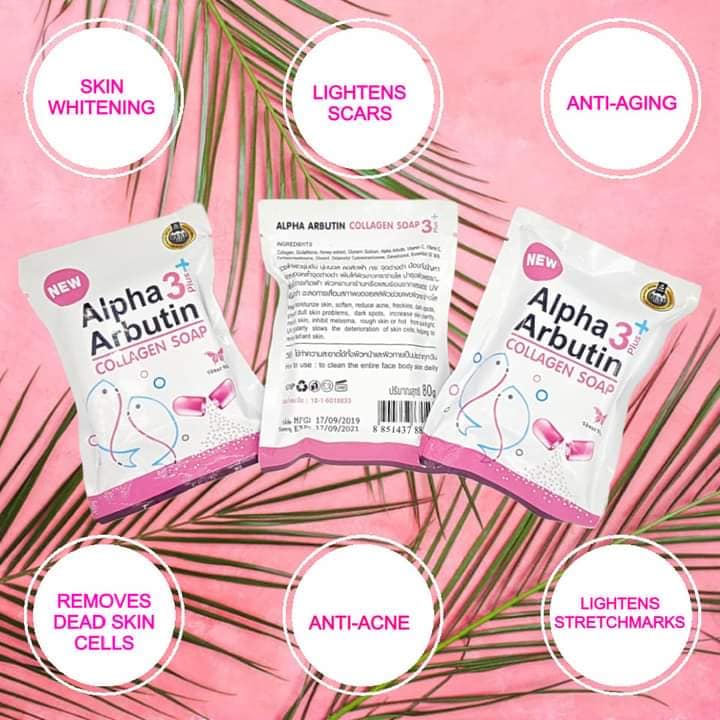 Xà Phòng kích trắng Alpha Arbutin 3+ Plus collagen soap  80g,Thái Lan,giảm mụn lưng và giảm thâm