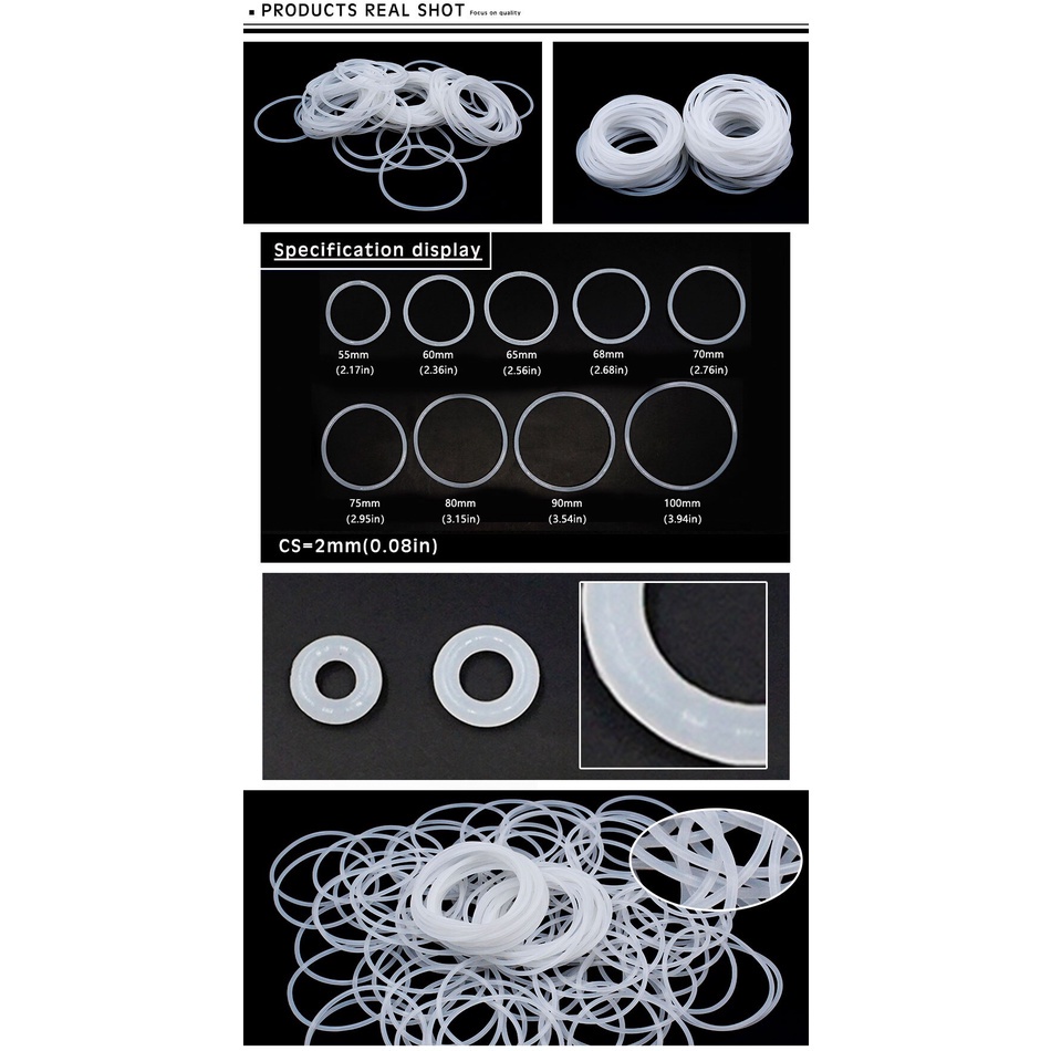 1 Vòng Đệm Cao Su Silicon Trắng Dày 2mm Chống Sốc Không Độc Hại Cho Vòng Đệm Kích Thước 55 / 60 / 65 / 68 / 70 / 75 / 80 / 90 / 95 / 100 * 2mm