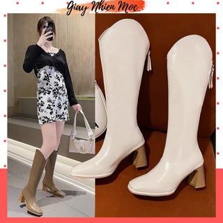 Bốt nữ, boots cao cổ phom ống rộng phong cách chất da đẹp gót cao 7 phân siêu tôn dáng
