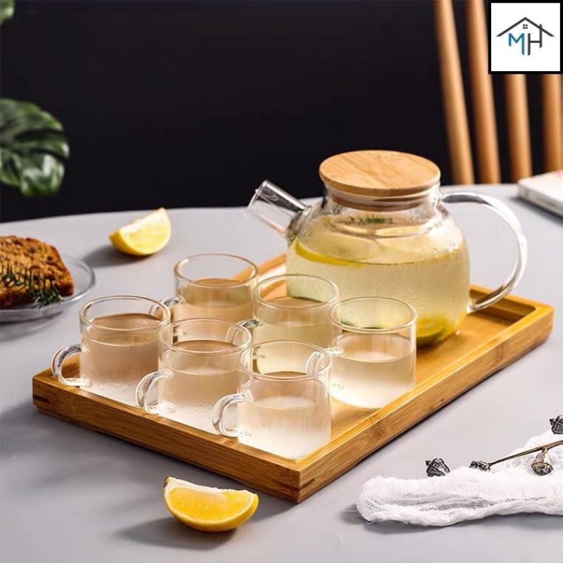 Bình trà thủy tinh nắp gỗ, set ấm chén trà thủy tinh chịu nhiệt cao, khay gỗ