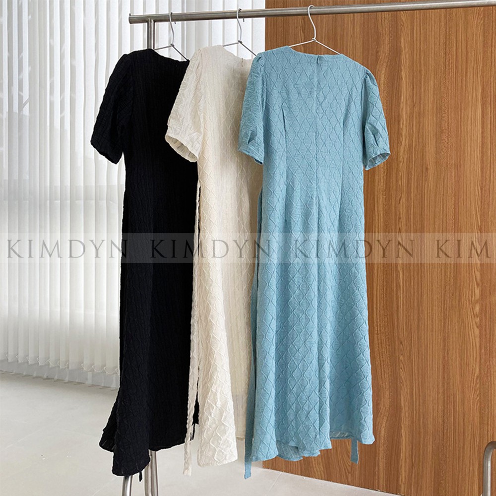 Đầm xòe midi tay phồng vải nhún mềm có lót KimDyn
