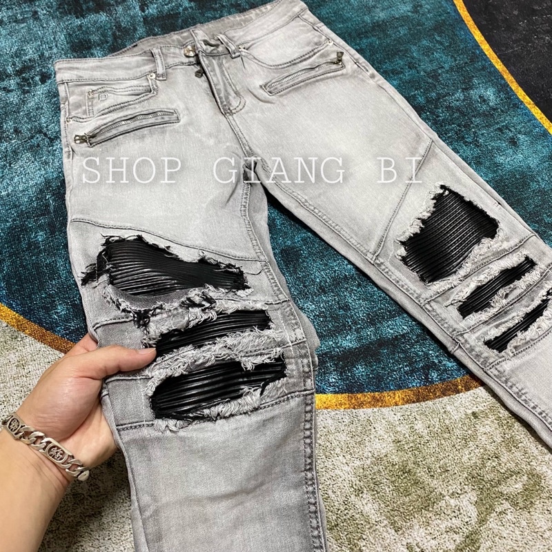 Quần jean bạc vá da nhăn phối khoá zip,quần bò màu bạc vá da nhăn phối khoá