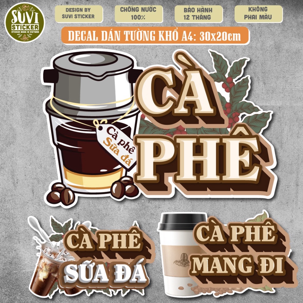 Decal Coffee khổ lớn trang trí tường, dán kính, trang trí quán cà phê khổ A5, A4 chống nước. MSP: KL16 Loại giấy