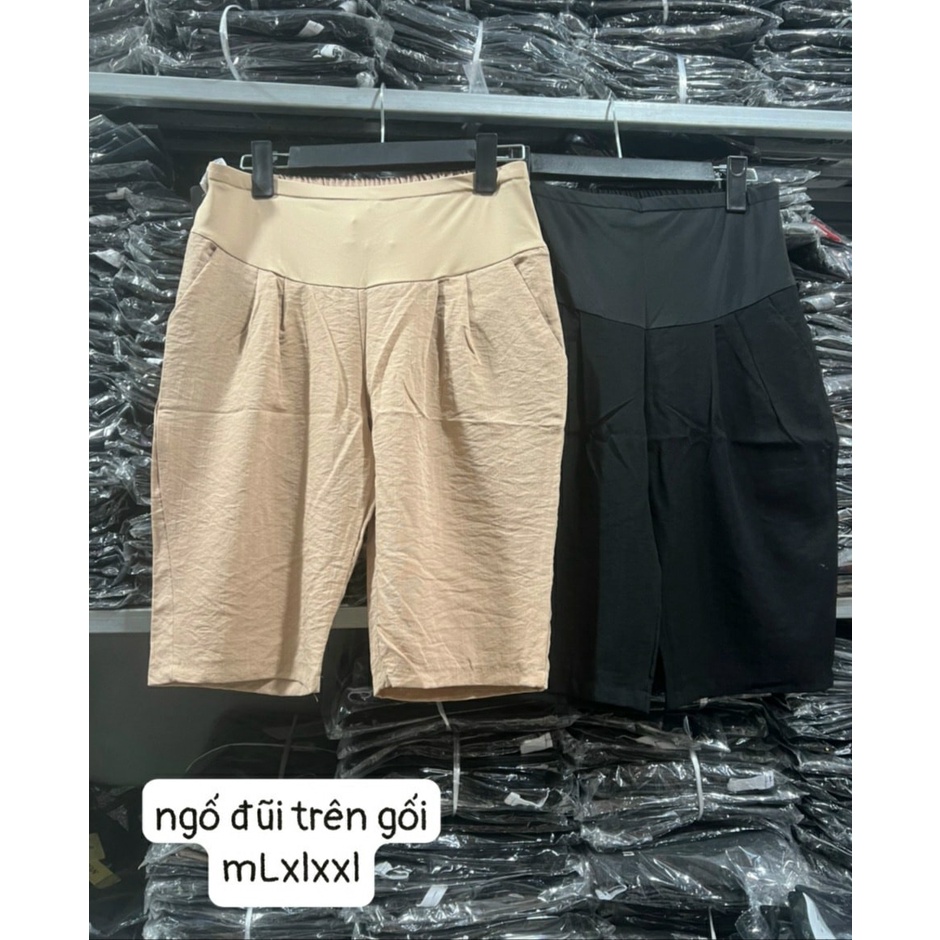 Quần bầu 40-70kg, quần lửng đùi bầu ống rộng chất đũi Hàn mềm mát