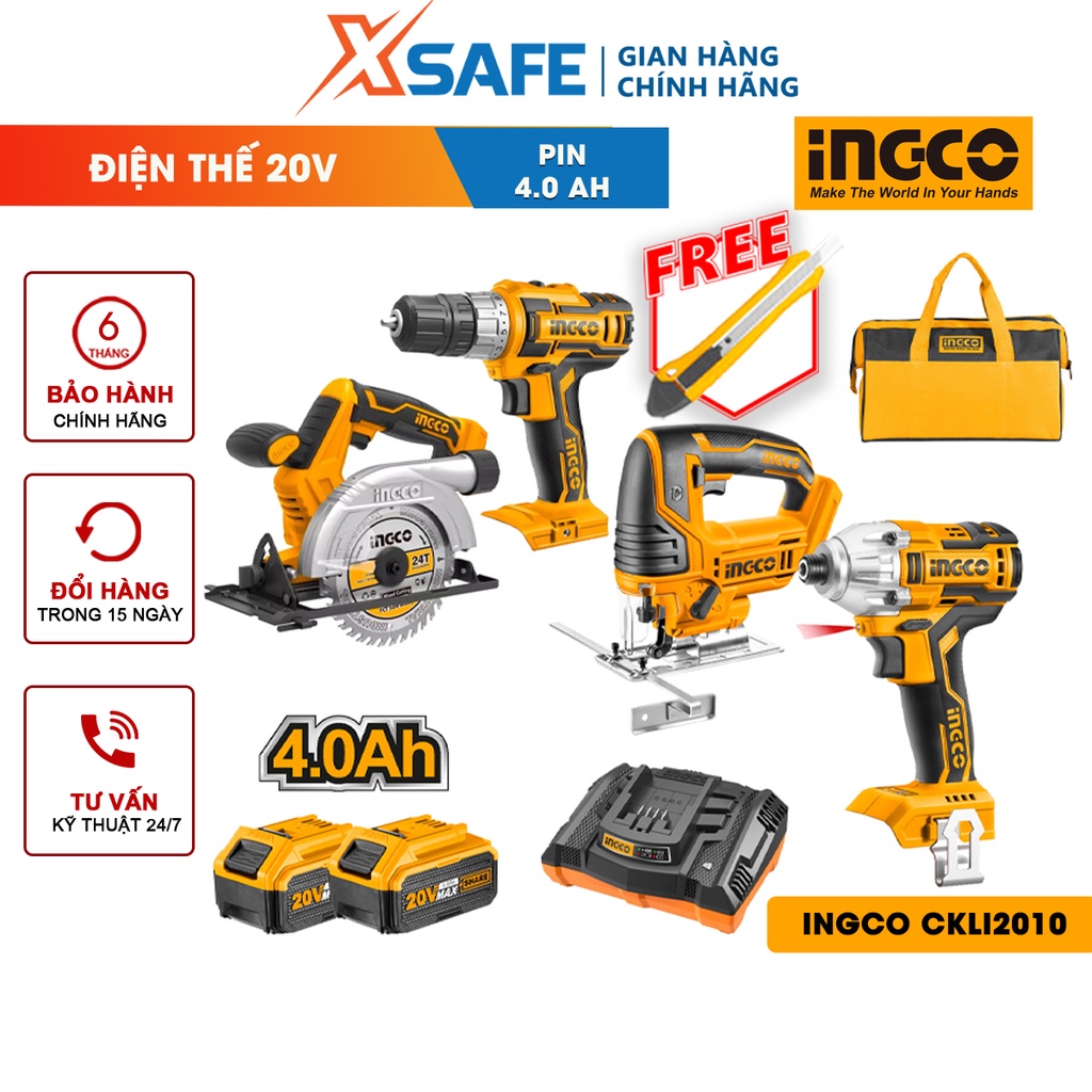 Bộ máy khoan cầm tay, máy bắn vít, máy cưa lọng, máy cưa đĩa tròn dùng pin 20V INGCO CKLI2010 gồm 4 máy, kèm 2 pin 4ah