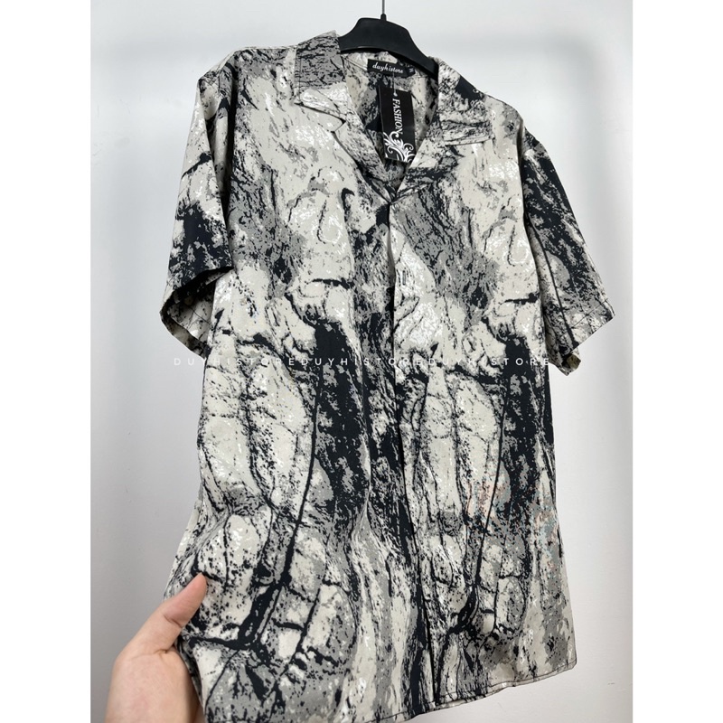 Áo sơ mi cộc tay unisex form rộng họa tiết Loang Đá cho nam nữ | DUYHI