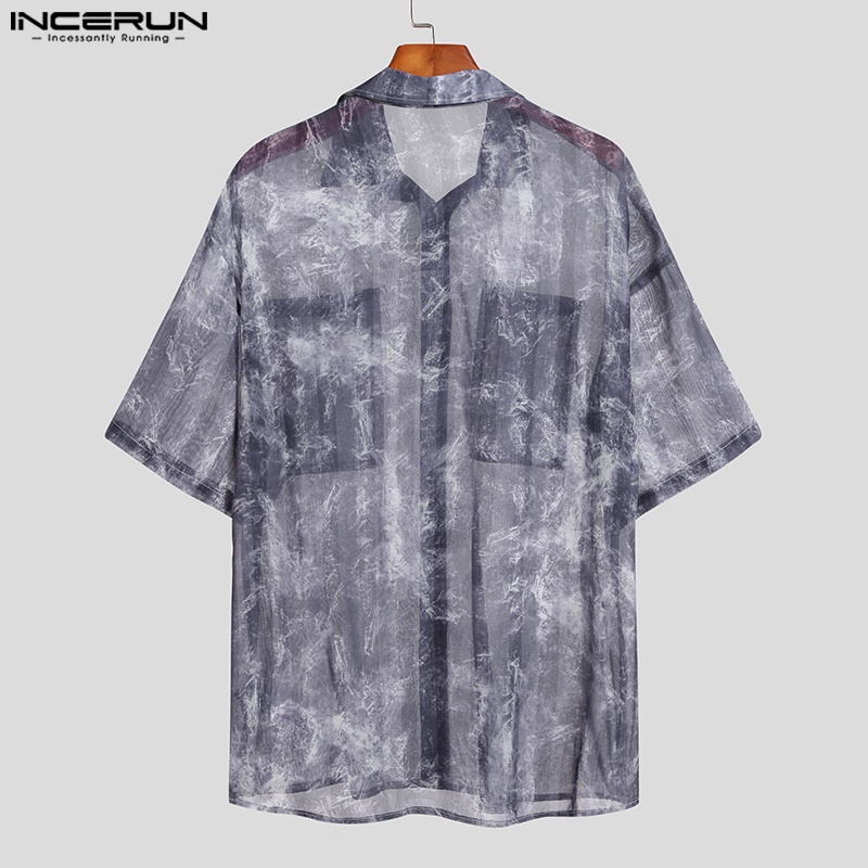 Áo sơ mi INCERUN tay lửng xuyên thấu họa tiết đá hoa cương đơn giản thời trang mùa hè dành cho nam