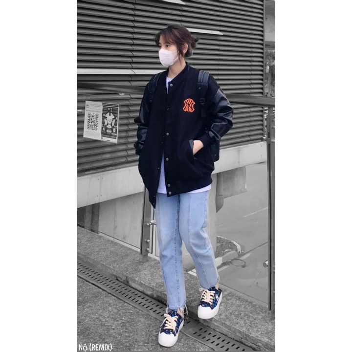 Áo khoác bomber N.Y M.L.B dạ phối tay da dày dặn, Áo varsity jacket dạ phối tay da 2 lớp dày dặn