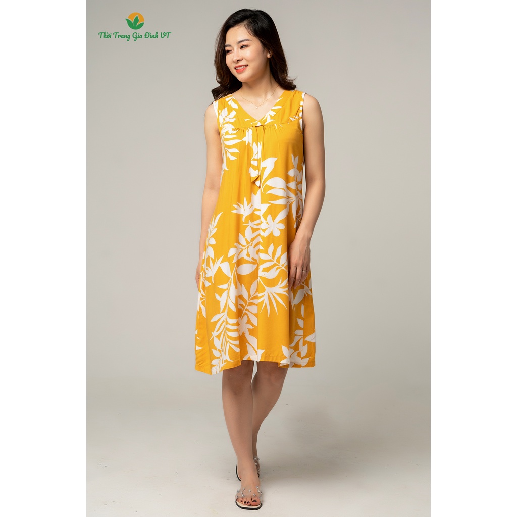 Đầm váy họa tiết nữ Việt Thắng xuân hè sát nách chất lanh (tole) - V02.2208