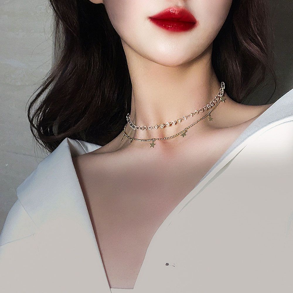 Vòng cổ nhiều lớp đính hạt trong suốt hình ngôi sao thời trang cho nữ