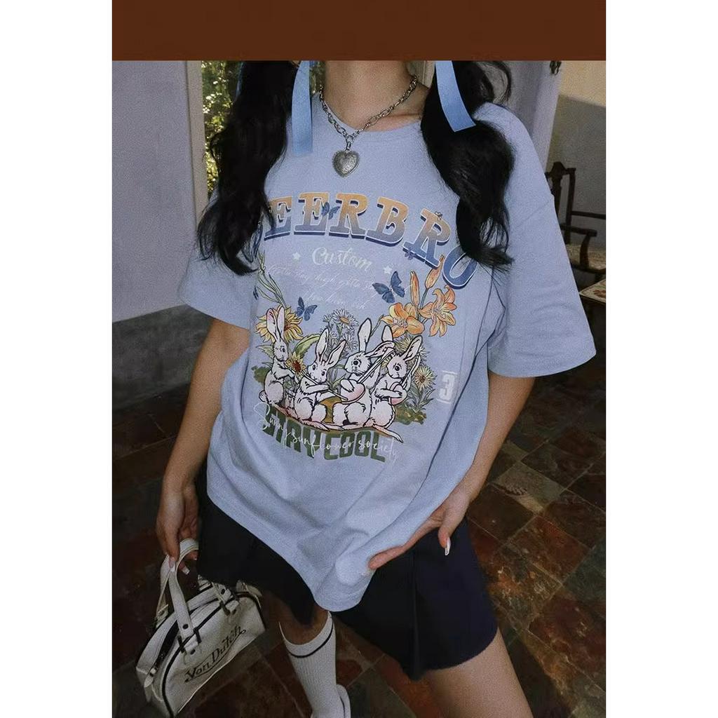 Áo Thun Tay Ngắn Dáng Rộng In Hình Thỏ Phong Cách Đường Phố Mỹ Thời Trang Mùa Hè Cho Nữ