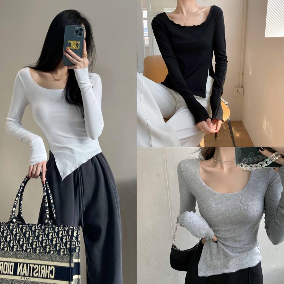 SUA001 Áo thun body Ulzzang xẻ vạt chéo cổ thuyền Áo phông trơn xám đen trắng dài tay dáng ôm lệch tà nữ tính Hàn Quốc !