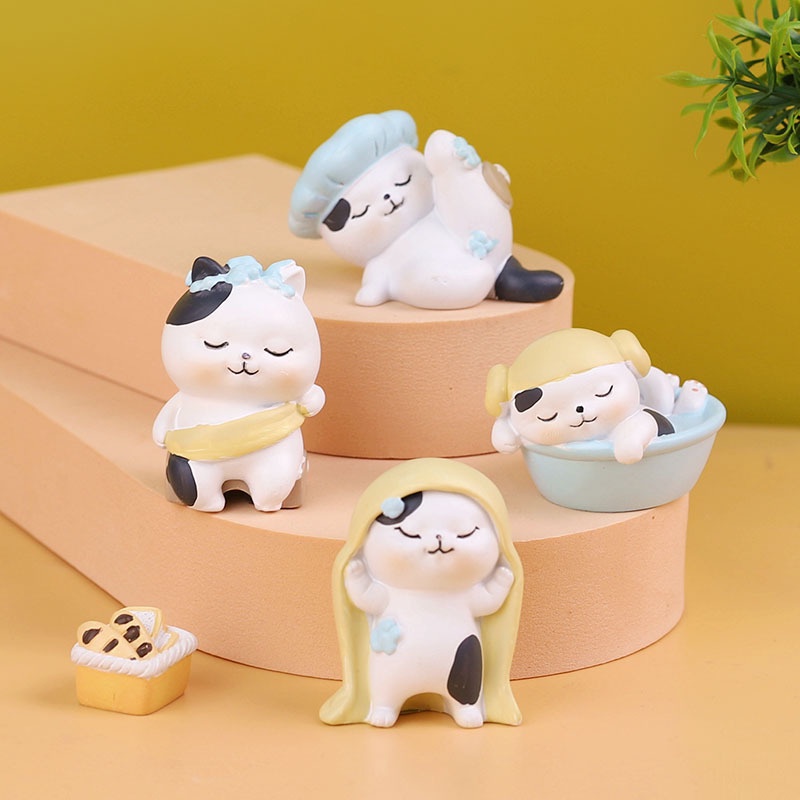 Set 6 mô hình mèo tắm rửa, mèo nhà tắm hơi nhiều biểu cảm đáng yêu đặt bàn làm việc, bàn học, quà tặng bạn bè người thân