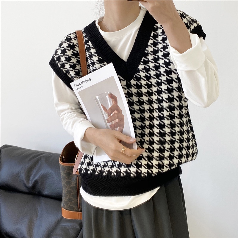 Áo Sweater Dệt Kim Cổ Chữ V Màu Sắc Tương Phản Phong Cách Retro Hợp Mùa Thu Đông