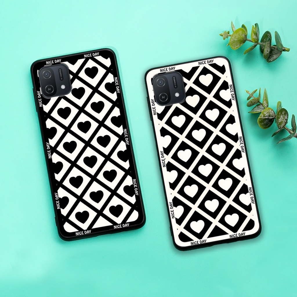 Ốp lưng Oppo A16k in hoạ tiết caro trái tim đen trắng, gấu bear cute đáng yêu