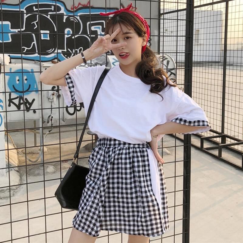 (HÀNG QC) SET ÁO VÁY VIỀN KẺ XẺ TÀ MIX CHÂN VÁY CARO ĐEN TRẮNG MẶC 2 KIỂU ULLZANG | BigBuy360 - bigbuy360.vn