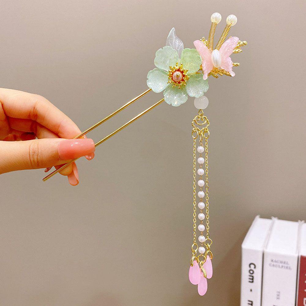 Kẹp Tóc Đuôi Ngựa Hình Chữ U Họa Tiết Hoa Bướm Phong Cách Retro Đơn Giản Cho Nữ