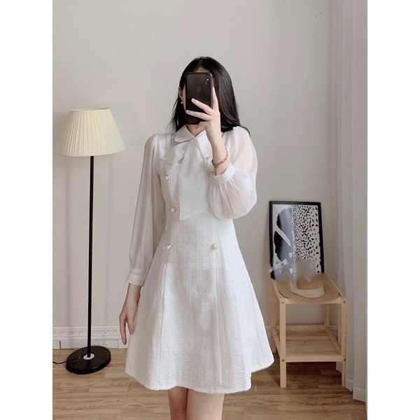 Đầm dáng xoè cổ sơ mi đính nơ to tay dài thân bố phối nút (kèm ảnh thật) (HT)
