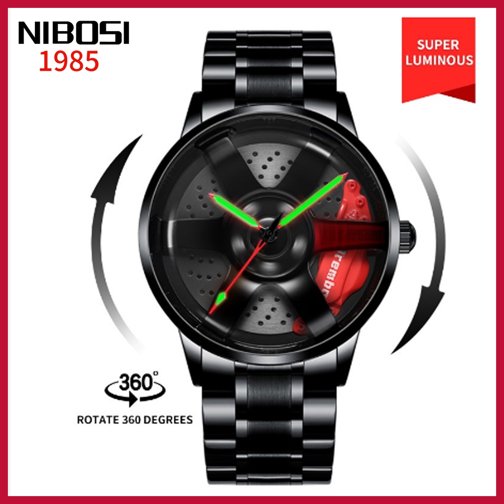 Đồng hồ vành xe hơi tùy chỉnh hàng đầu NIBOSI Đồng hồ bánh xe xoay 360 ° Đồng hồ nam bằng thép không gỉ dạ quang