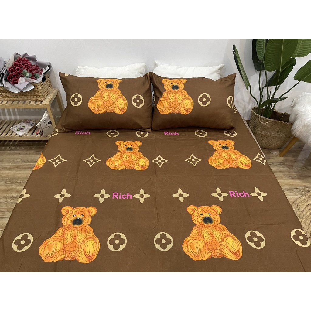 set 3 món ga gối cotton EMMIBEDDING STORE mẫu gấu NÂU gồm 1 ga và 2 vỏ gối nằm