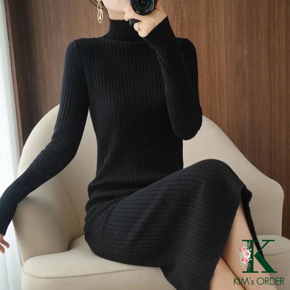 Đầm len suông nữ màu trắng be đen nâu váy len bầu phom rộng dài tay cổ tròn cao 3 phân cổ lọ xu hướng thời trang Hàn