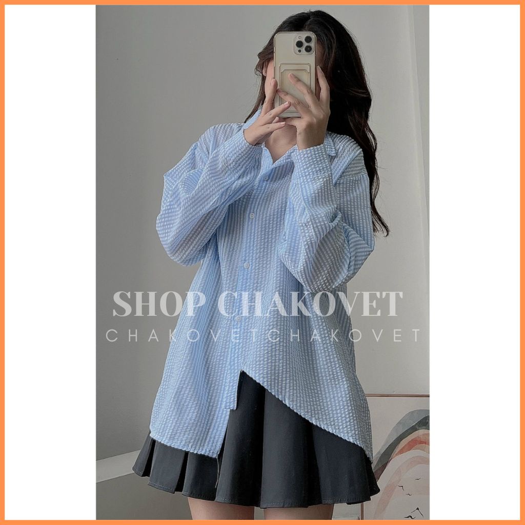 Áo Sơ Mi Kẻ Sọc Vạt Lệch Tiểu Thư A8431 Áo Đũi Xốp Xẻ Lưng Phong Cách Vintage Hàn Quốc Đi Chơi Cực Xinh Xắn Cá Tính
