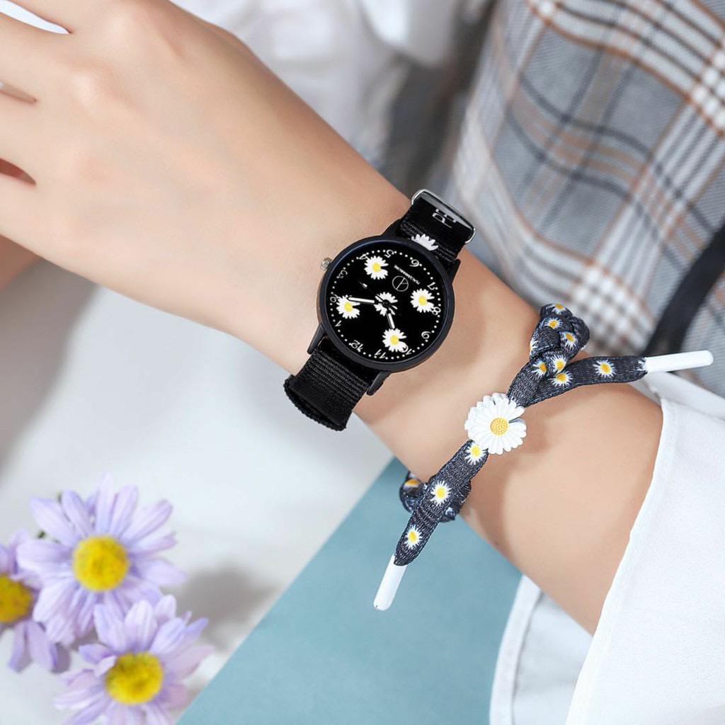 Đồng hồ đeo tay dây vải Canvas họa tiết hoa cúc thời trang cho nam và nữ