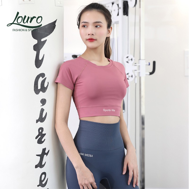Áo croptop nữ tập gym, yoga Louro, kiểu áo croptop body cộc tay thể thao co giãn 4 chiều - LA57