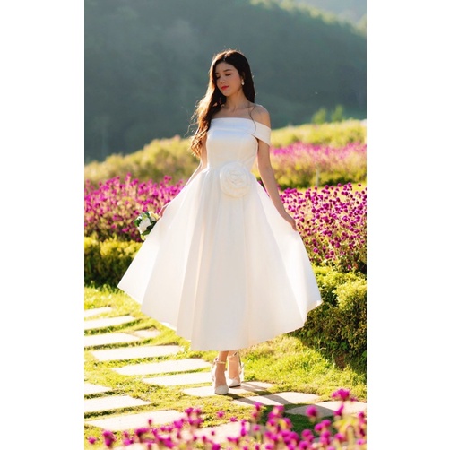 Đầm xoè midi TRIPBLE T DRESS mặc cưới bẹt vai phối hoa hồng rời eo hoặc vai - size S/M/L - MS196Y