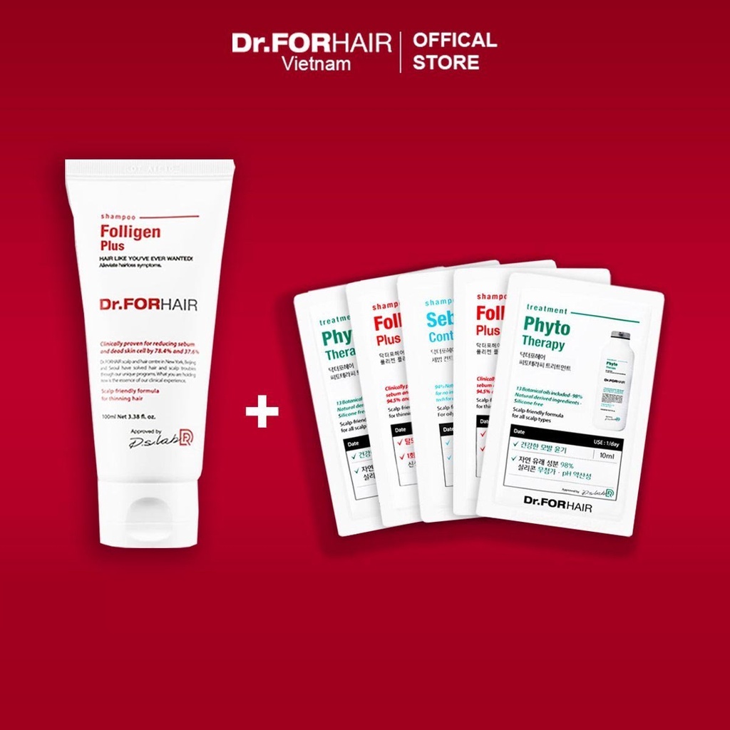 Combo Dầu gội giảm rụng tóc, giảm gàu, cải thiện độ săn chắc tóc Dr.FORHAIR Folligen Plus 100mlx 5 gói sample 10ml