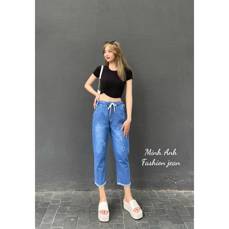 Quần Jean Baggy nữ cào xước xăn lai lưng thun baggic đơn giãn thoải mái