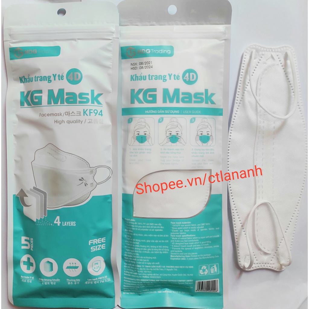 Khẩu trang 4D KG Mask KF94 phong cách Hàn Quốc túi 5 chiếc