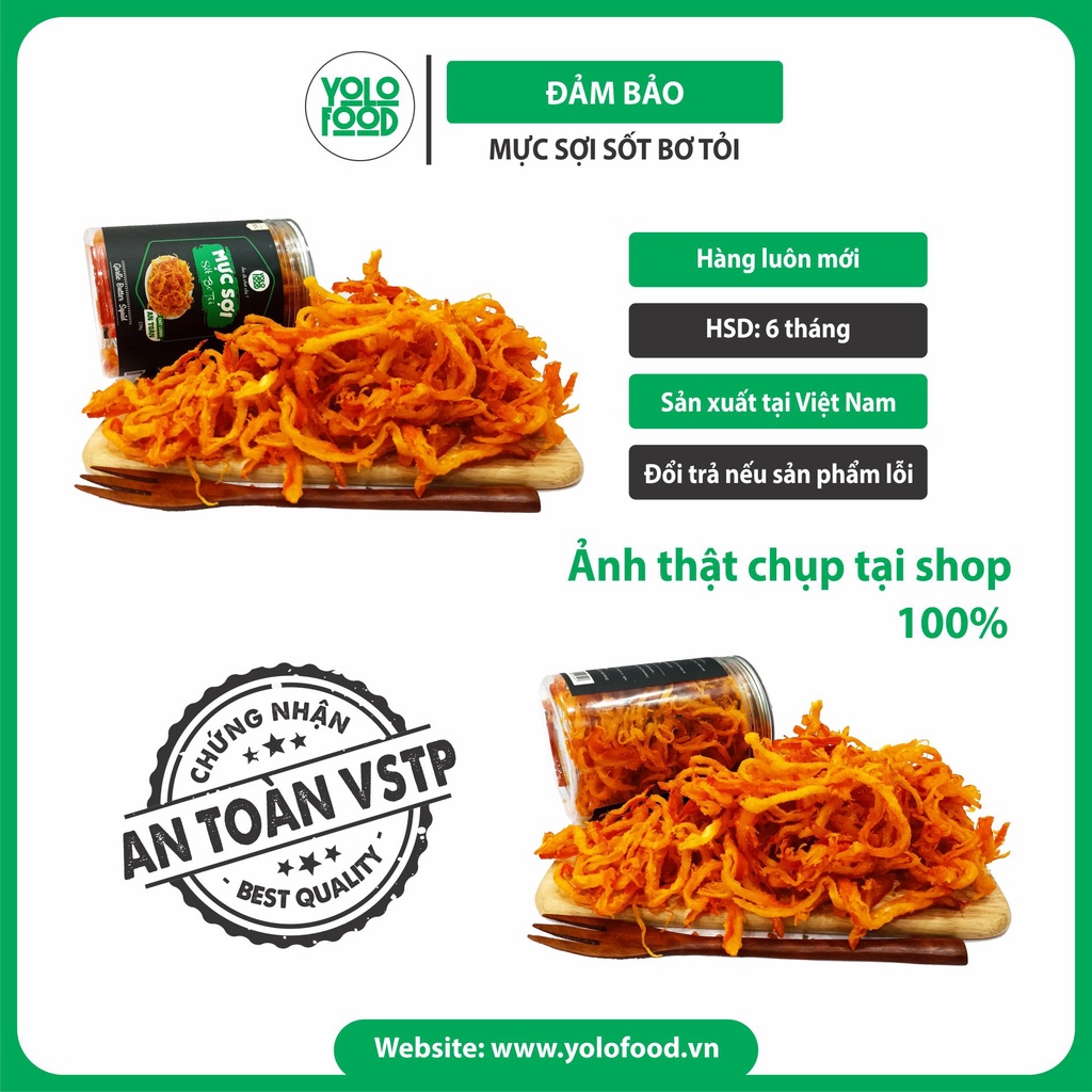 Mực sốt bơ tỏi 220g YOLO FOOD đồ ăn vặt, chất lượng, khô mực xé sợi bơ tỏi vị thơm béo cay cay ngon , đóng hộp atvstp