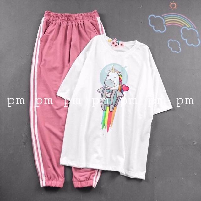 Sét áo ngựa bay cầm tim + quần bo gấu áo thun nam nữ, quần kaki, sét bộ mặc ở nhà MODY