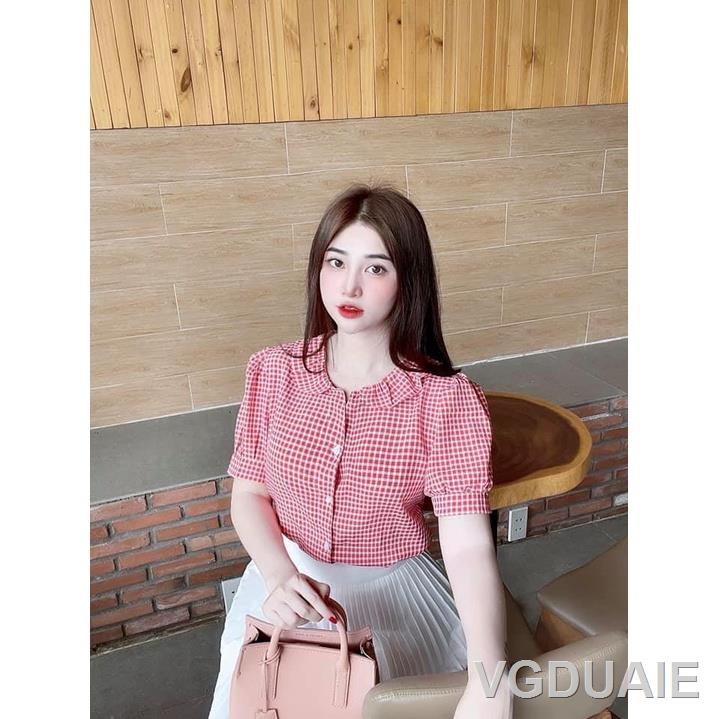 ✹▫Áo sơ mi Nữ sọc tay ngắn cổ V hoạ tiết kẻ sọc hợp thời trang sơ mi nữ Gloria Shop hai màu ĐEN + ĐỎ
