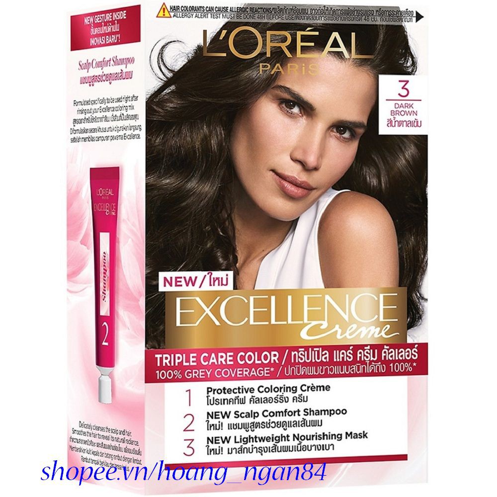 Thuốc Nhuộm Tóc Loreal Số 3 Nâu Đen Excellence Cream 172ml Dưỡng Tóc Phủ Bạc Chính Hãng.