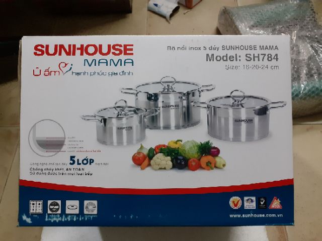 [SHOP GIÁ RẺ] BỘ NỒI 5 ĐÁY INOX SUNHOUSE MAMA SH784 GIẢM SỐC 65K