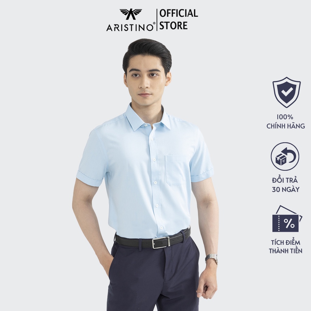 Áo sơ mi nam ngắn tay ARISTINO phom Regular fit, họa tiết dệt nổi dobby, màu xanh nhã nhặn, sang trọng - ASS102S8